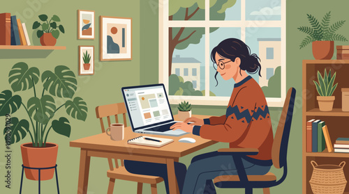 Cozy home workspace with a person working on a laptop among plants.