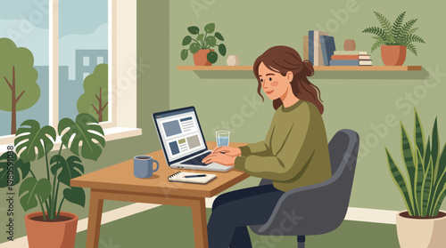 Woman working at a home office with laptop and plants in a cozy study.