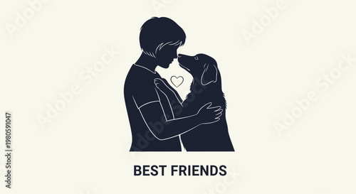 Silhouette illustration of a woman hugging her best friend dog.
