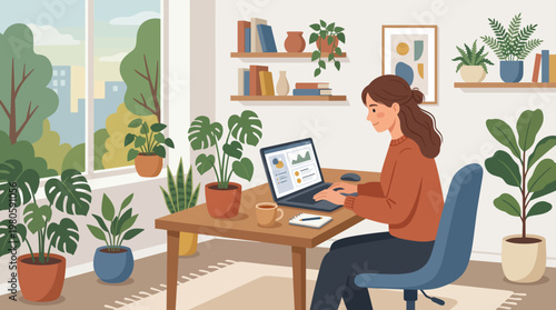 Woman working on laptop in a cozy plant-filled home office for productive lifestyle imagery.