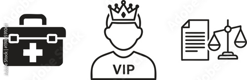 VIP icons, first aid kit, law document, royalty symbols, business, luxury