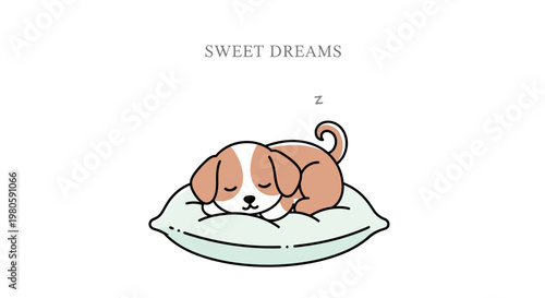 Cute cartoon puppy sleeping peacefully on a soft pillow with sweet dreams text.