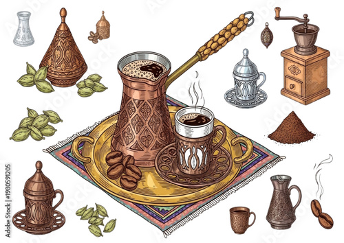 Traditional Middle Eastern Coffee Ritual Set Hand-Drawn Elements for Aromatic Preparation and Serving