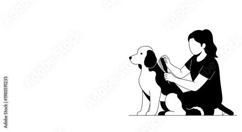 A black and white line art illustration of a young woman grooming her dog.