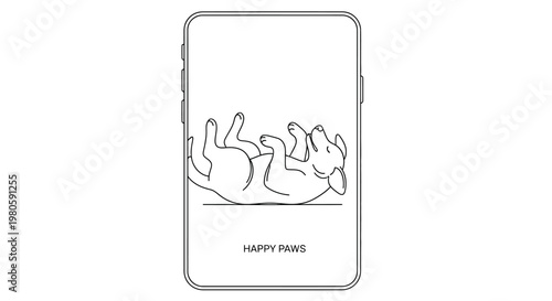 Minimalist continuous line drawing of a happy dog rolling on its back inside a smartphone frame.