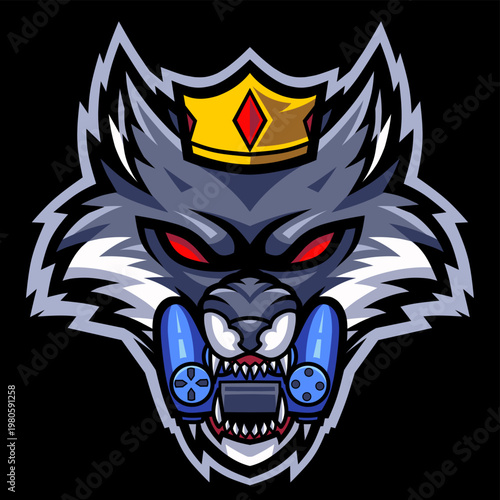 Vector graphic illustration of a gamer wolf wearing a crown and biting a game controller, in an aggressive esports mascot style, perfect for gaming logos, streamer branding, stickers, and posters.