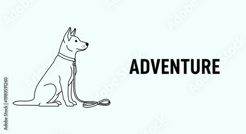 Minimalist line art illustration of a sitting dog with a leash and the word Adventure.