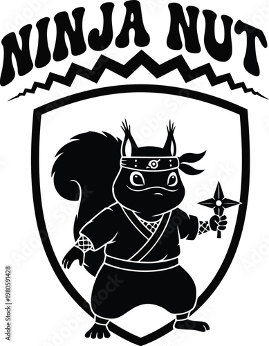 Ninja squirrel in shield with shuriken and ninja nut text