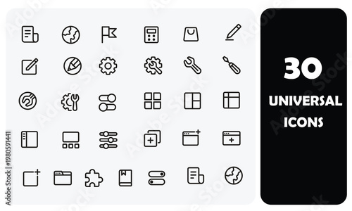 Set of 30 Minimalist Universal Line Icons for UI and UX Design