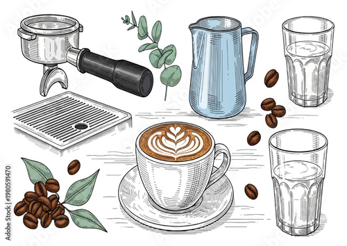 Latte art, coffee beans, and drinks A delightful illustration of coffee preparation