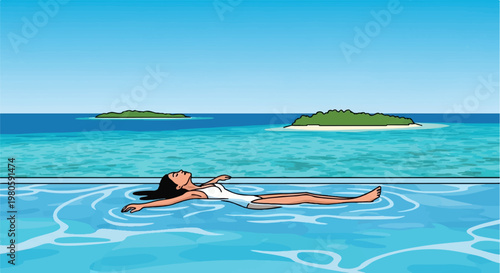 Woman floating in a swimming pool with islands in the background