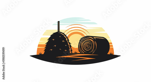 Rural scene with haystack, round bale, and sunset