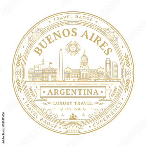 Vintage gold Buenos Aires Argentina travel badge featuring city landmarks vector illustration