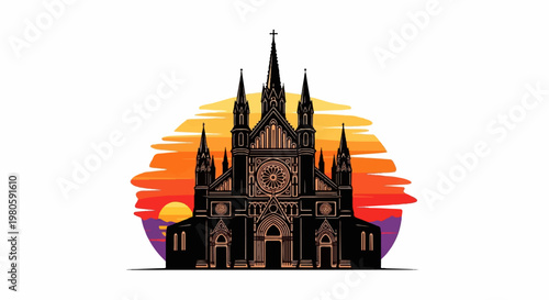 Ornate Gothic cathedral silhouetted against a vibrant sunset