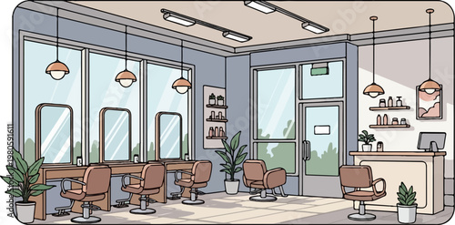 Cozy, sunlit hair salon interior with styling stations, mirrors, and a reception desk