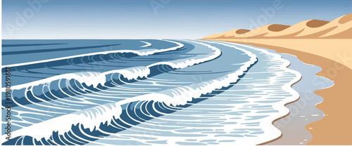 Ocean waves crash onto a sandy beach with rolling dunes under a clear blue sky