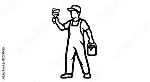 A black and white illustration depicts a painter with a brush and bucket