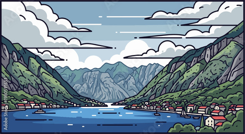 Stylized pixel art of a coastal village nestled between verdant, rugged mountains