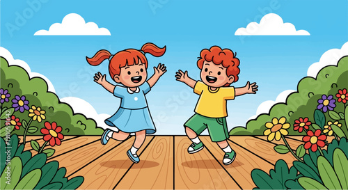 Two joyful children with red hair, a girl in a blue dress and a boy in a yellow shirt, are jumping on a wooden deck in a garden