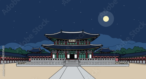 Pixelated traditional East Asian palace structure illuminated by moonlight under a starry night sky