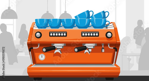 Vibrant orange espresso machine with stacked blue cups, in a cafe setting with silhouetted patrons