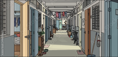 Sunlight illuminates a long, narrow hallway with multiple apartment doors, clothes drying overhead, and bicycles parked outside