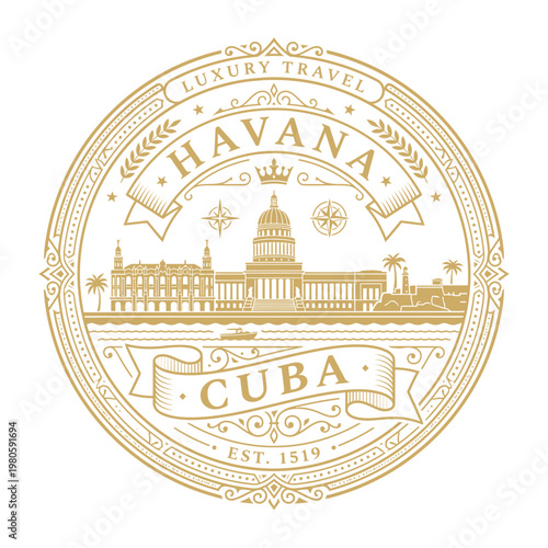Vintage gold Havana Cuba travel emblem with city landmarks vector illustration