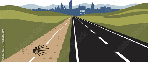 A road divides a path marked with a shell symbol, leading to a city skyline