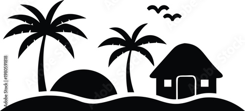 Tropical island with palm trees huts and ocean waves scenic beachside view.
