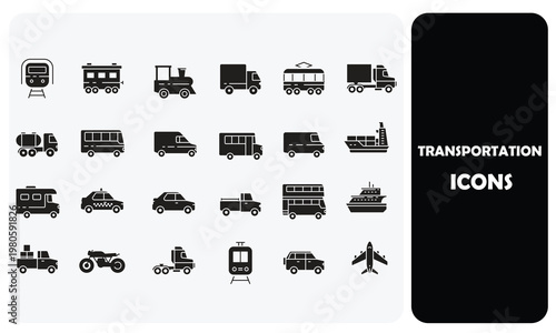 Set of 24 Solid Glyph Transportation and Vehicle Icons