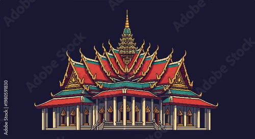 A pixelated, ornate temple with multi-tiered red and green roofs, golden accents