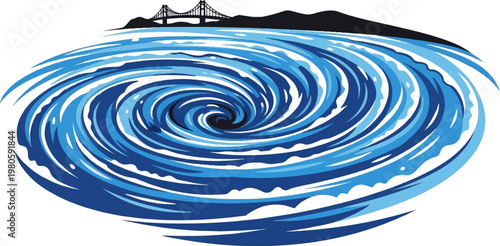 Stylized depiction of a powerful ocean vortex with a silhouetted bridge and hills in the background