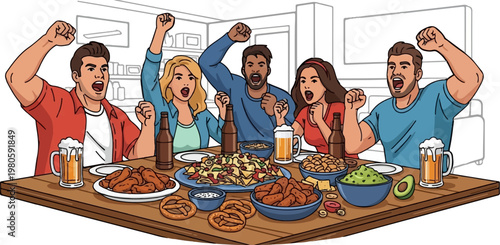 A group of friends excitedly cheers around a table full of snacks and drinks