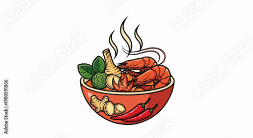 A steaming bowl of spicy soup with shrimp, chili, ginger, and herbs