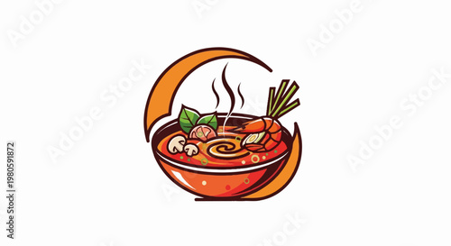 A vibrant cartoon illustration of a steaming bowl of soup with shrimp, mushrooms, and herbs