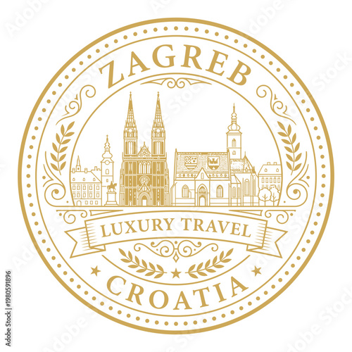 Vintage gold Zagreb Croatia travel seal with city skyline landmarks vector illustration