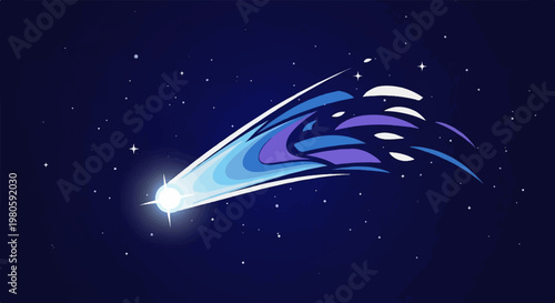 A vibrant comet streaks across a starry, deep blue night sky