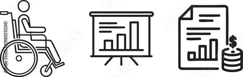 Business accessibility icons, finance and presentation graphics, wheelchair symbol, money document