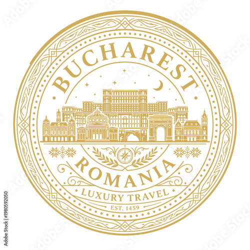 Elegant gold Bucharest Romania luxury travel seal featuring city landmarks vector illustration