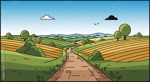 Winding country road through golden fields under a bright blue sky