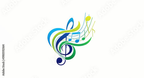 Vibrant musical notes and treble clef in swirling blue and green lines