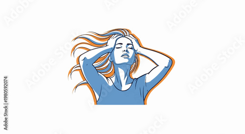 Stylized illustration of a woman with flowing hair and hands on her head, looking up