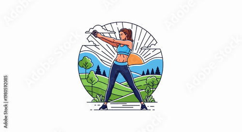 Active woman exercising outdoors at sunrise in a scenic landscape