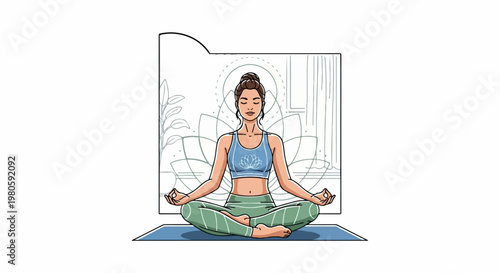 Serene woman meditates in lotus pose against abstract floral backdrop, promoting inner peace