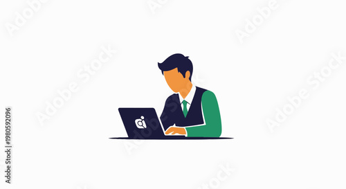 A stylized illustration depicts a man in a suit working diligently on a laptop computer