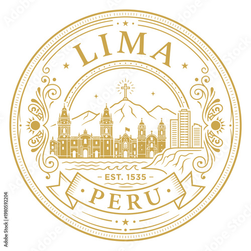 Elegant gold Lima Peru city seal featuring architectural landmarks vector illustration