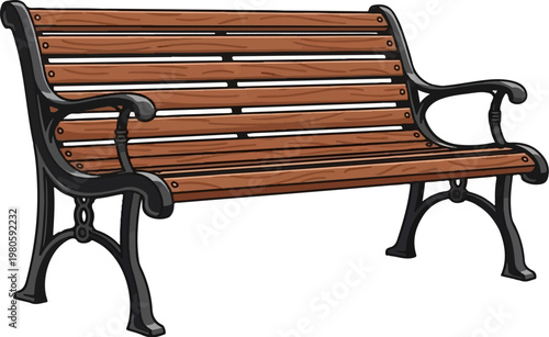 Classic wooden park bench with ornate black metal legs and armrests