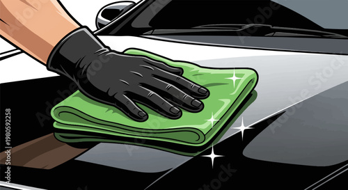 Hand in black glove cleaning glossy surface with green microfiber cloth
