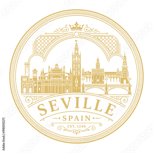 Elegant gold Seville Spain circular seal featuring city landmarks vector illustration
