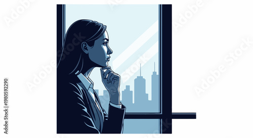Professional woman in suit contemplating city skyline through a window